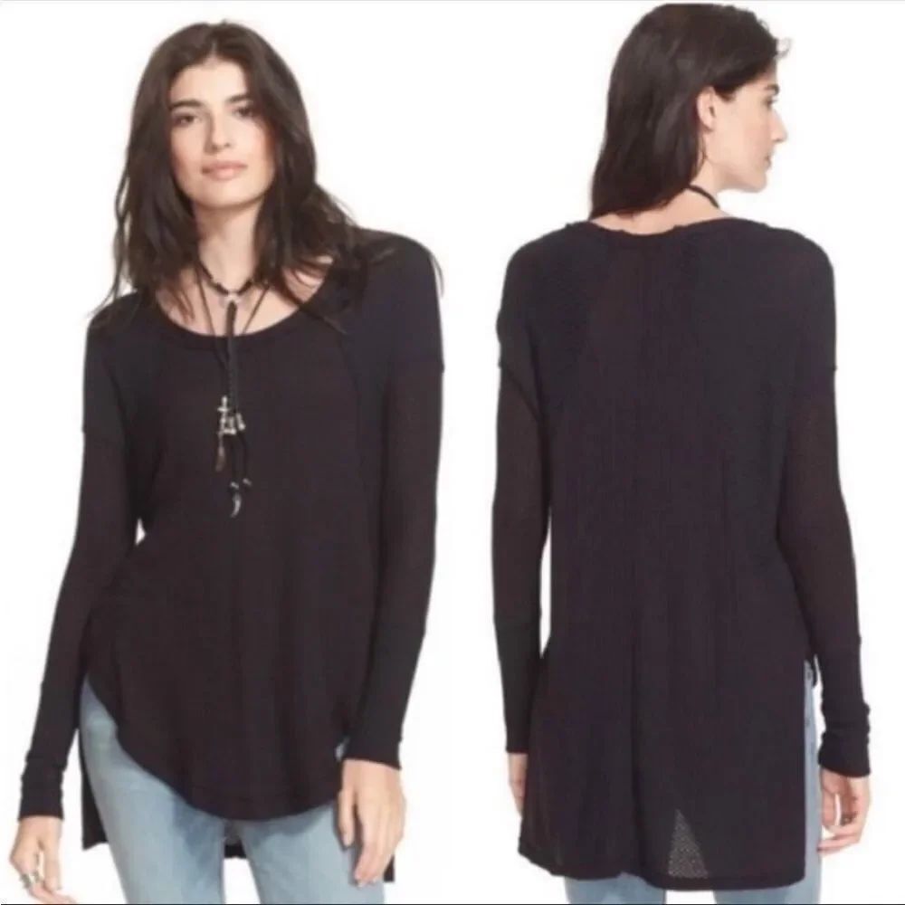 FREE PEOPLE | Ventura Black Oversized Waffle Knit Tunic Top Women’s Size X-Small